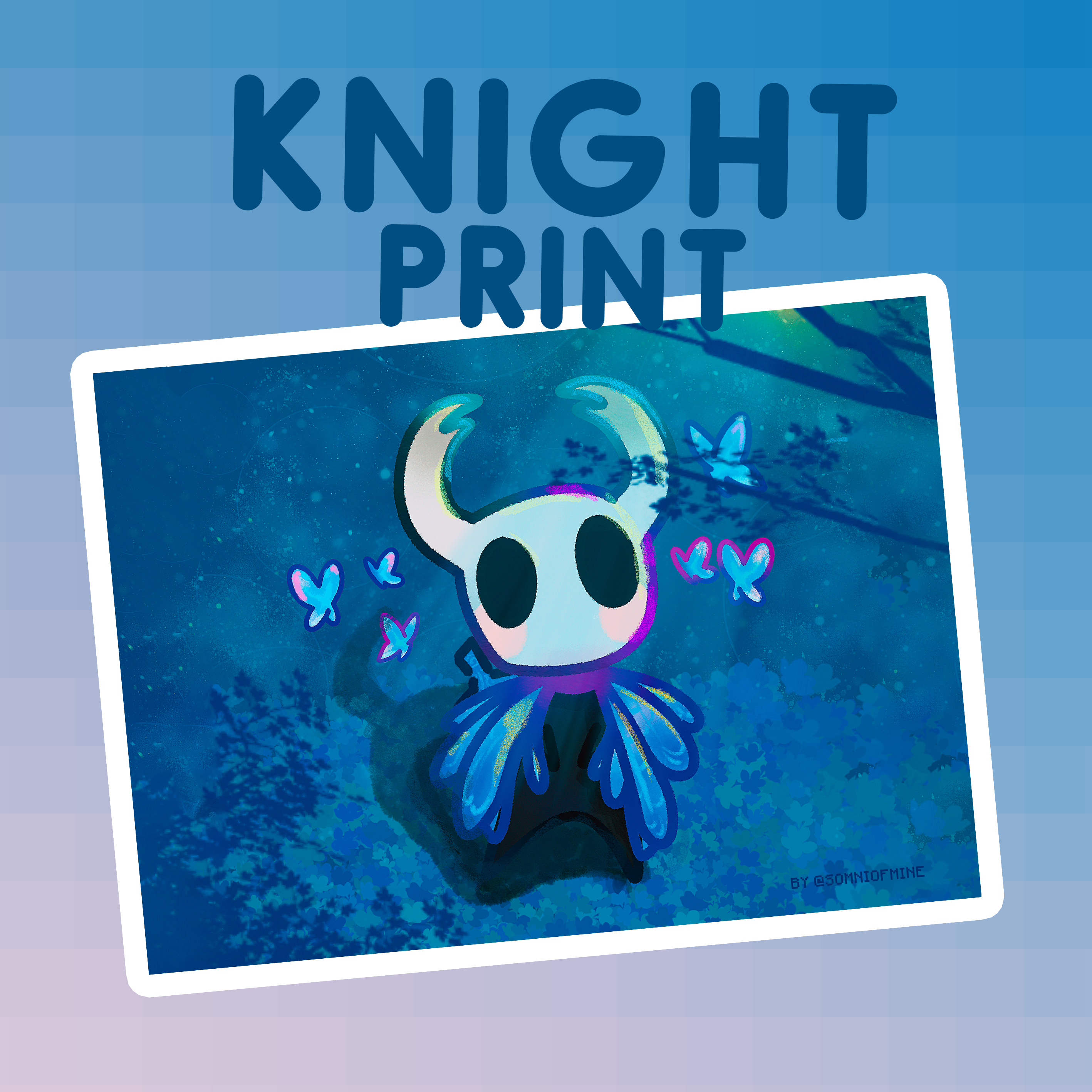 Cartoon character with butterfly wings on a blue background with 'Hollow Knight' .