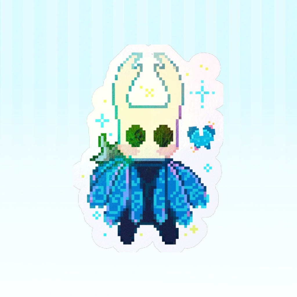 Pixel art character with a blue outfit and white hat on a light blue background