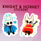 Two pixel art stickers of a knight and a hornet on a pink background with 'Knight & Hornet Stickers' text.