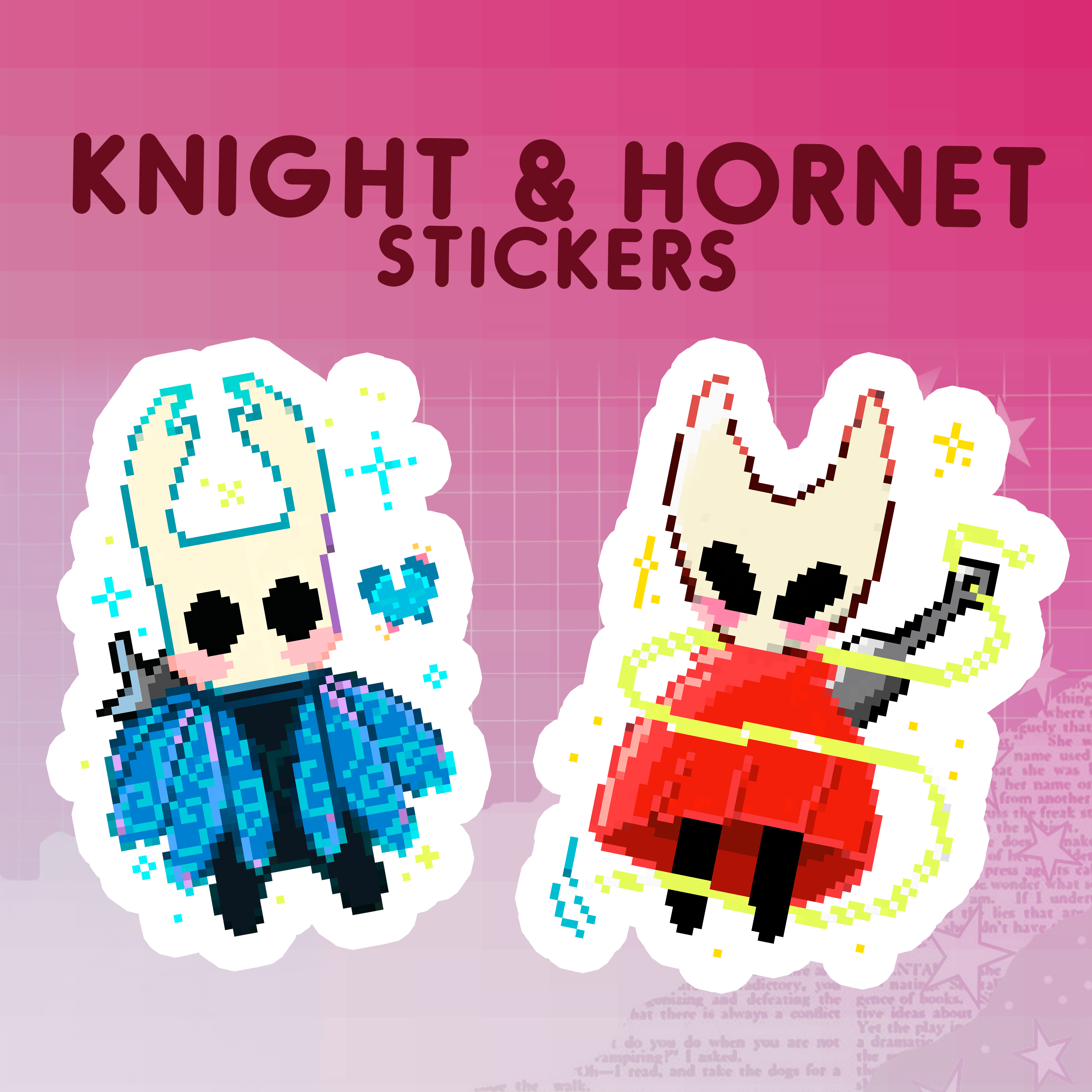 Two pixel art stickers of a knight and a hornet on a pink background with 'Knight & Hornet Stickers' text.