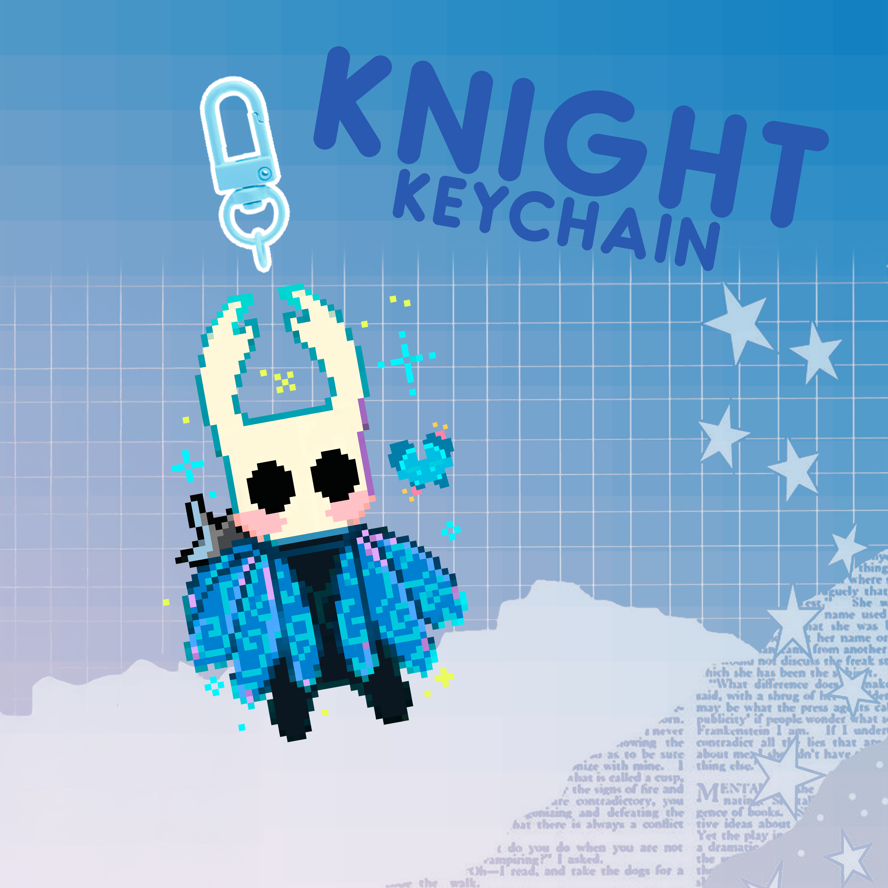 Pixel art character keychain with 'Knight Keychain' text on a blue grid background