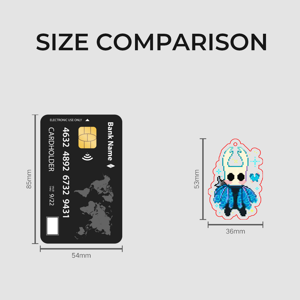Size comparison between a credit card and a small character illustration on a gray background