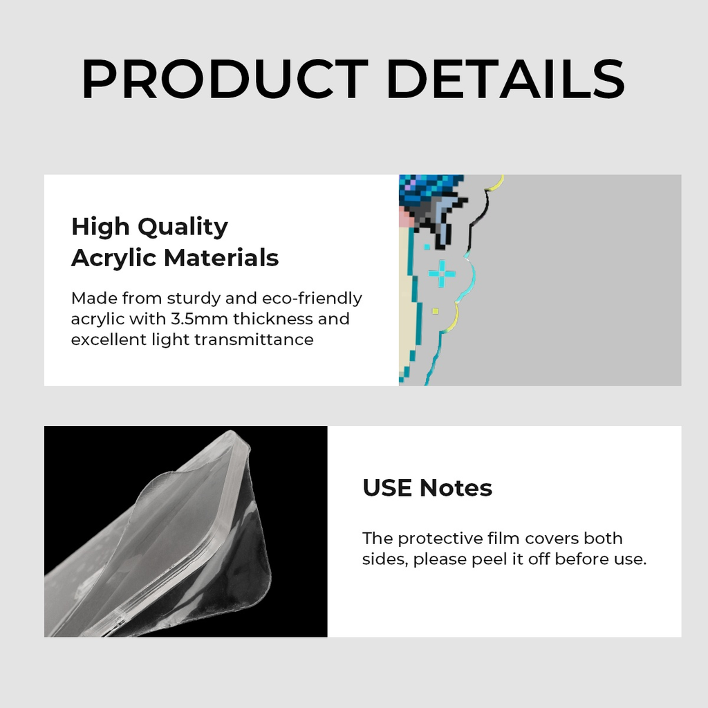 Product details of high-quality acrylic materials with use notes on a gray background