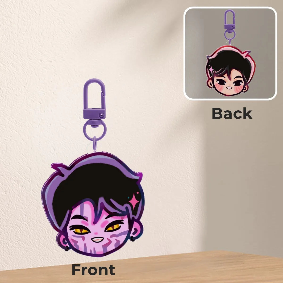 Keychain with cartoon character head design on a beige background