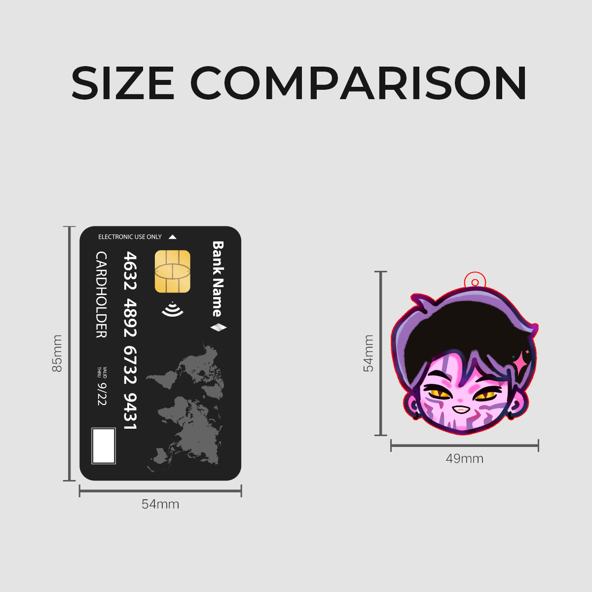Size comparison between a card and an anime-style character sticker on a gray background