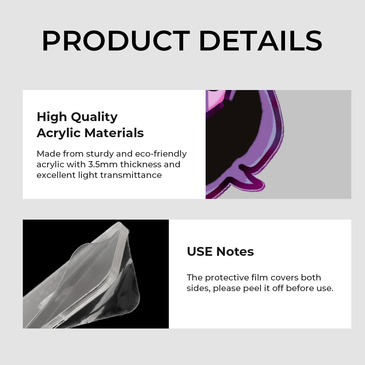 Product details of high-quality acrylic materials with use notes on a gray background