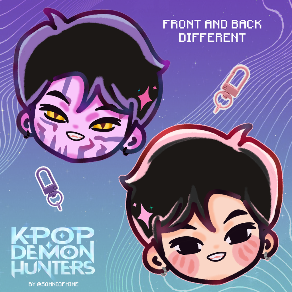 Two cartoon character heads with different expressions on a gradient background, featuring text 'Front and Back Different' and 'K-Pop Demon Hunters'.