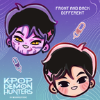 Two cartoon character heads with different expressions on a gradient background, featuring text 'Front and Back Different' and 'K-Pop Demon Hunters'.