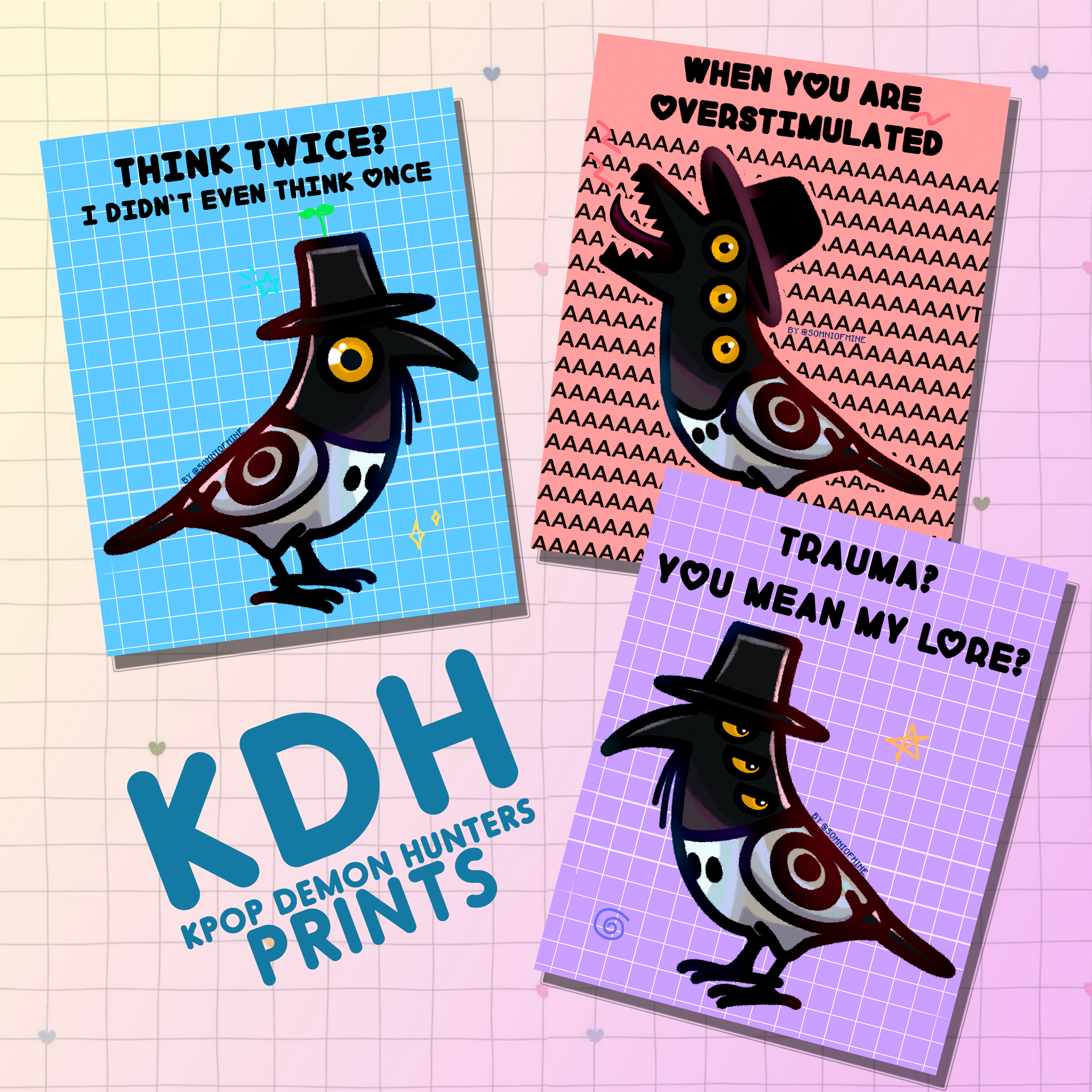 Three cards with cartoon penguin designs and text on a grid background