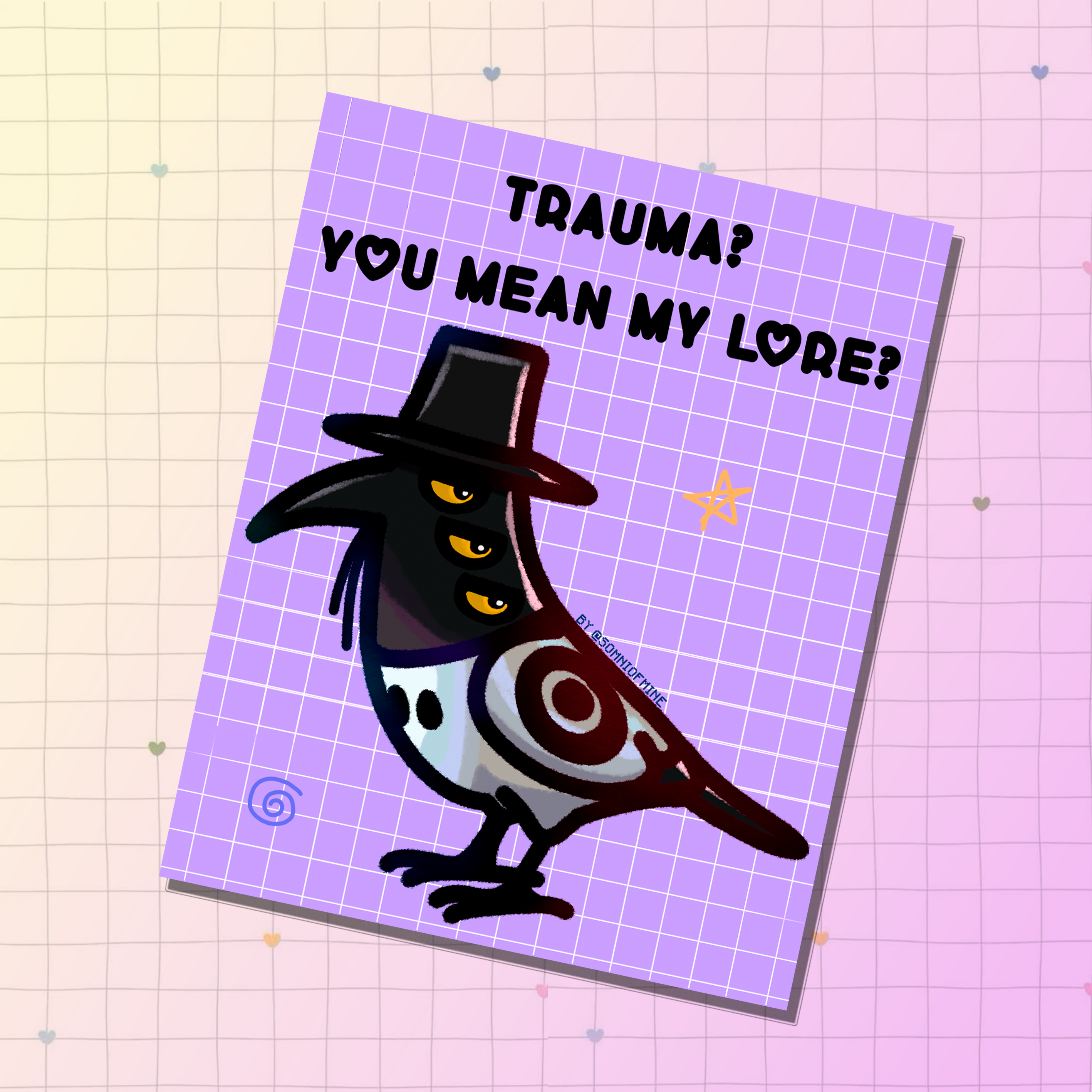 Card with a stylized crow and text on a grid background