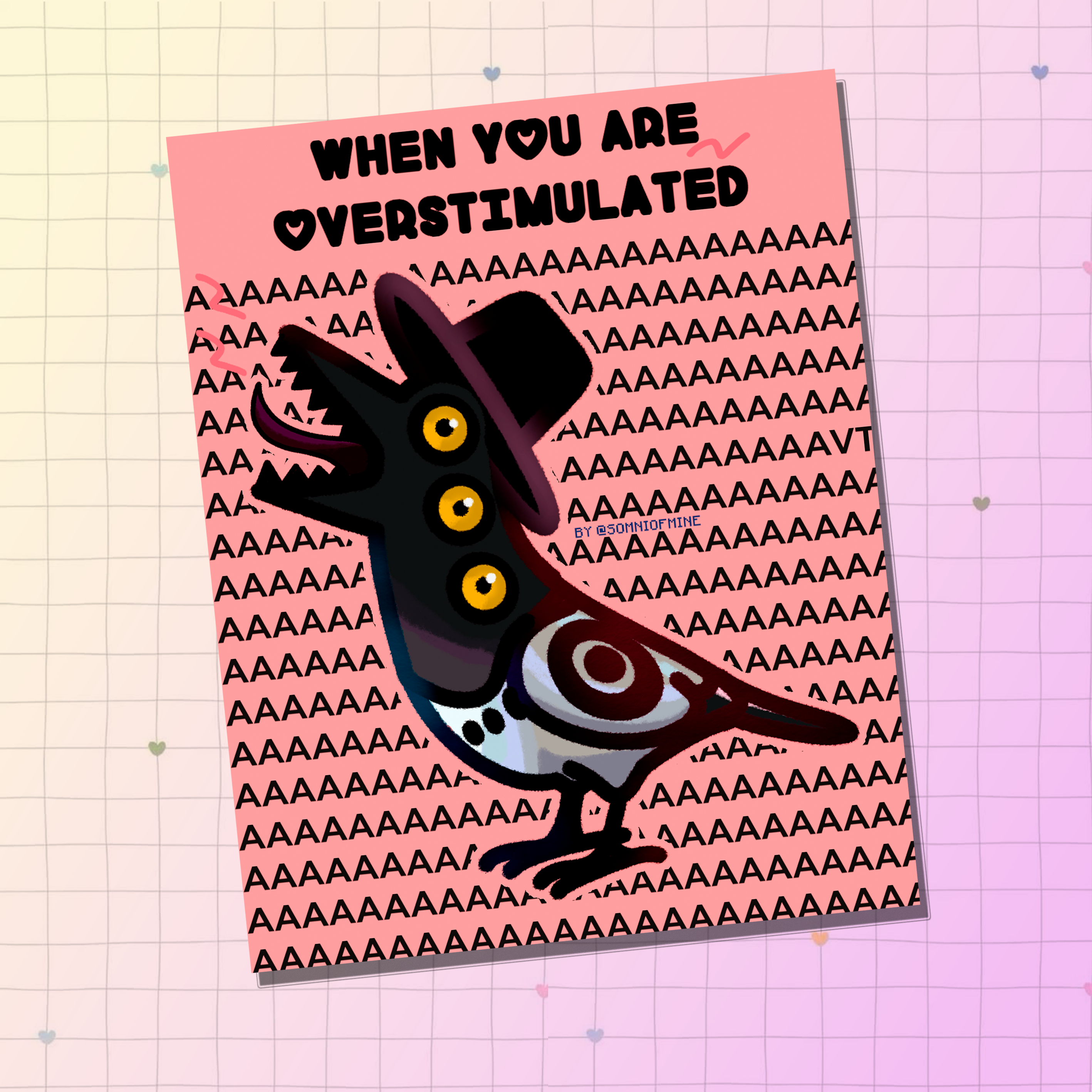 Illustration of a distressed character with text on a pink background