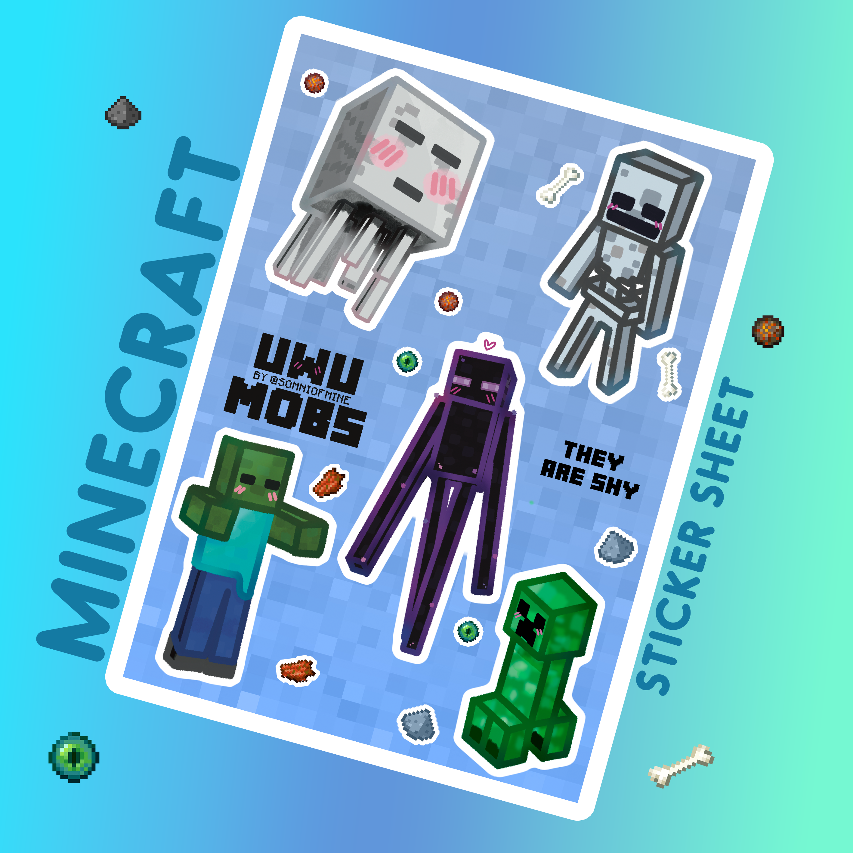 Sticker sheet with Minecraft mob characters on a blue background
