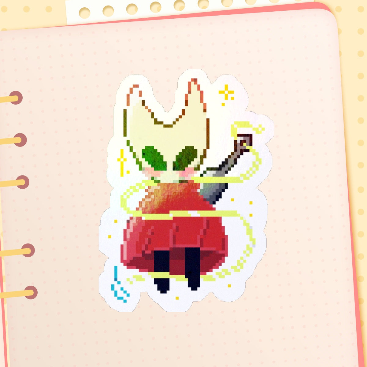 Sticker of a character with a guitar on a notebook background