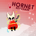 Pixel art character with a hornet keychain on a pink background