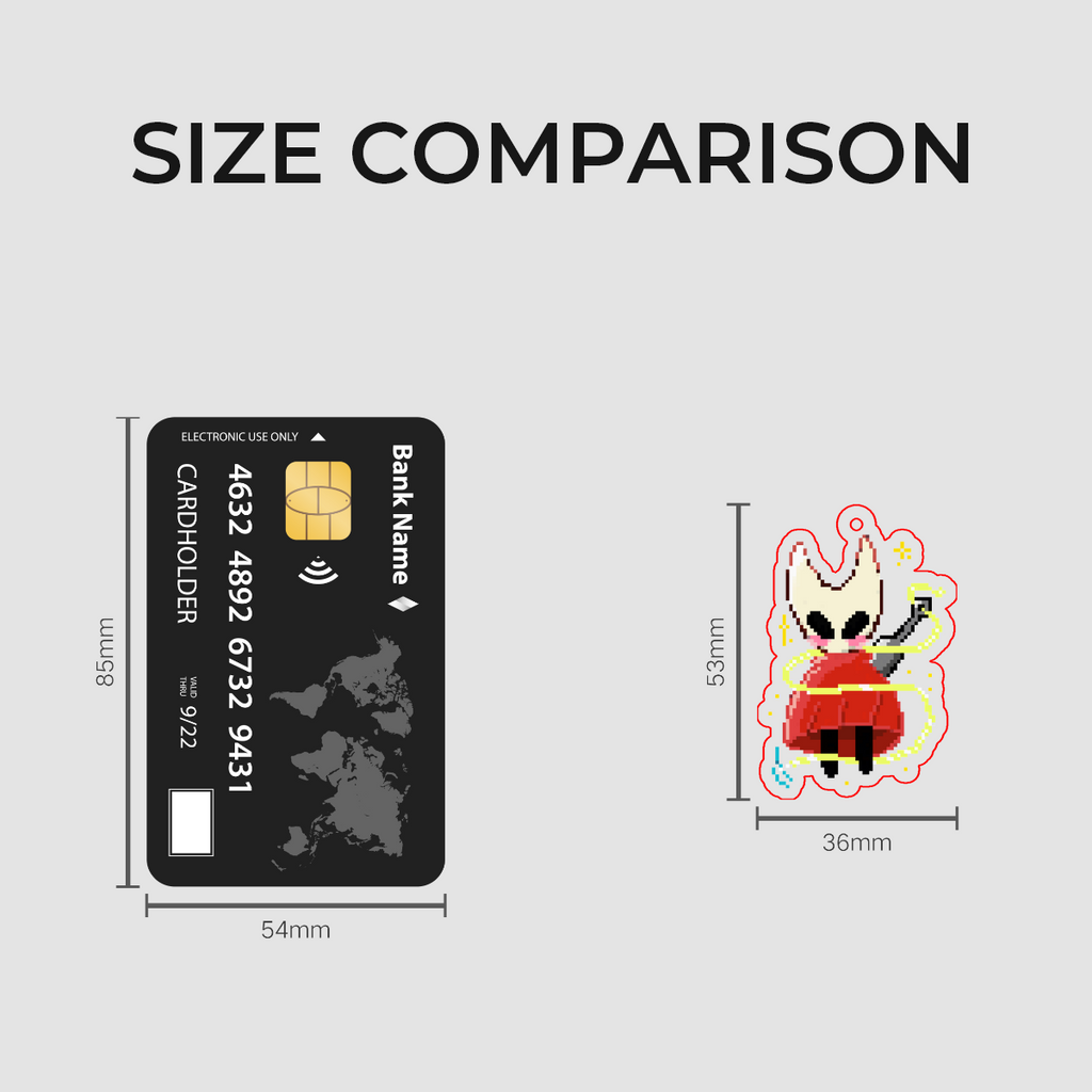 Size comparison between a credit card and a small figurine on a gray background