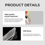 Product details of high-quality acrylic materials with use notes on a gray background